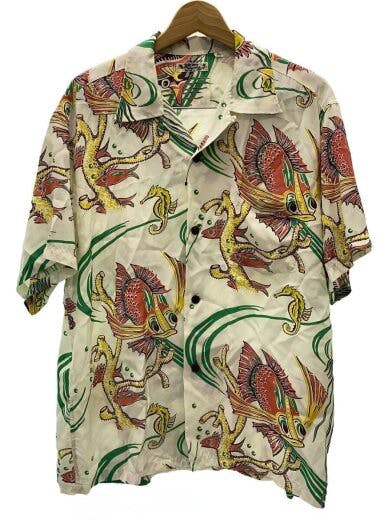 Front view of the men's rayon SUN SURF Aloha shirt (size L) with a multicolor all-over print, displayed on a hanger.
