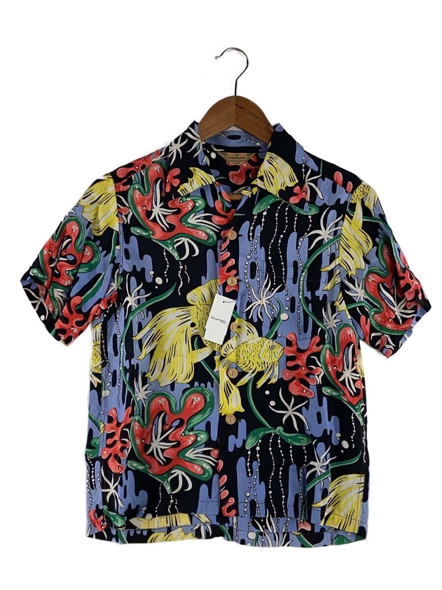 Front view of a black rayon men's aloha shirt with a colorful all-over pattern hanging on a wooden hanger.