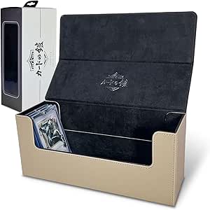 Beige card deck case with a black interior holding trading cards, shown next to its white packaging box.