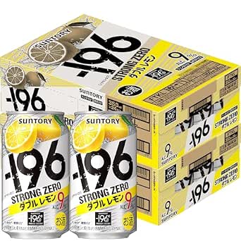 Two -196°C Suntory Strong Zero Double Lemon 350ml cans displayed next to a cardboard case pack.