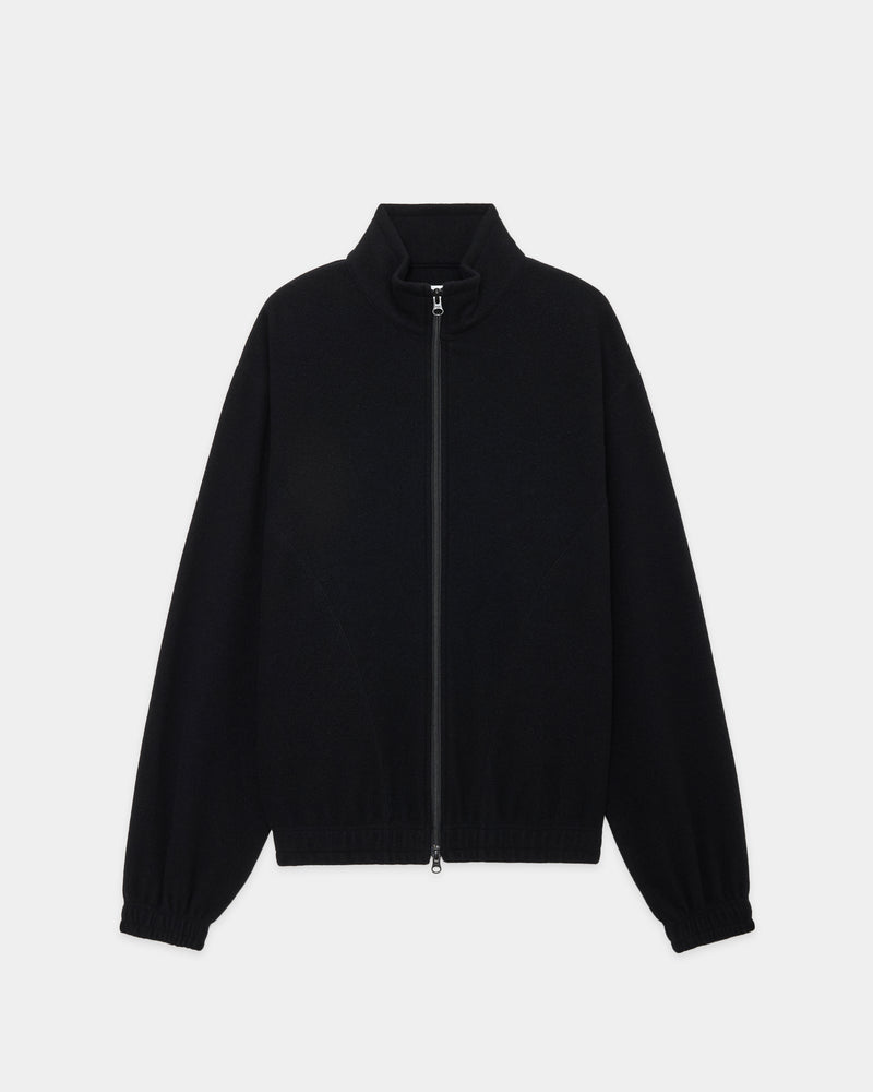 Black Super 130S wool napping track jacket laid flat showing the front, full zipper, and stand collar.