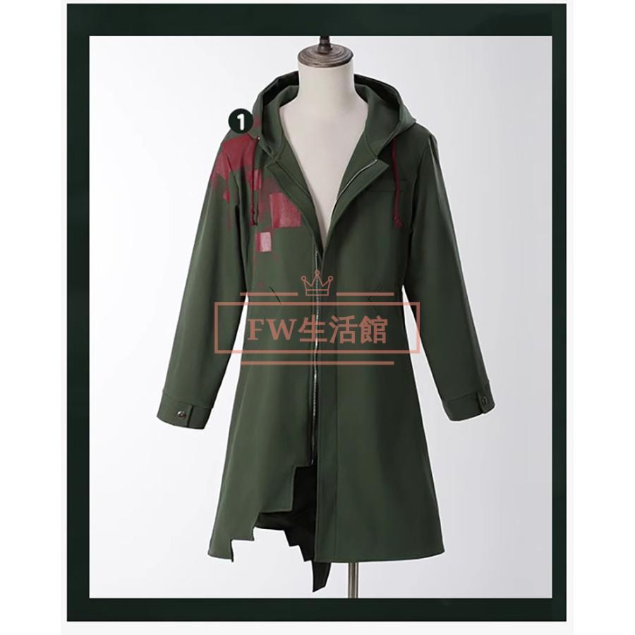 Green hooded men's cosplay coat (synthetic leather) displayed on a mannequin, front view.
