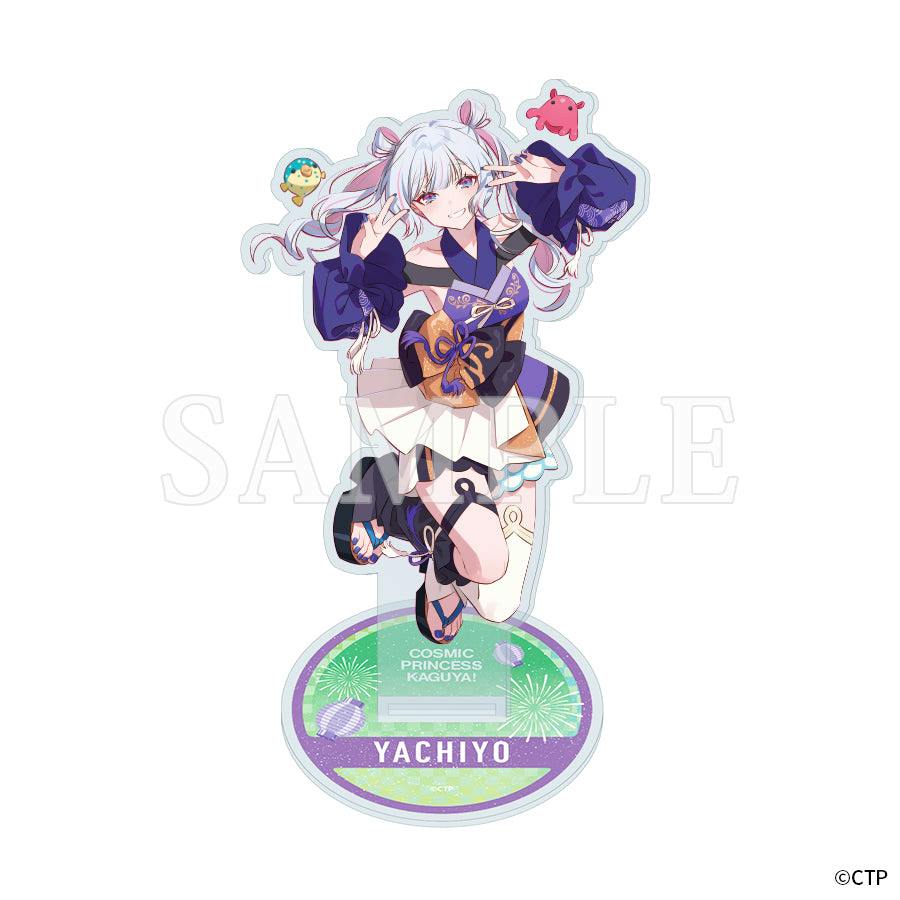 Front view of an acrylic stand featuring the character Yachiyo in a festival-themed outfit standing on a round base labeled "YACHIYO".