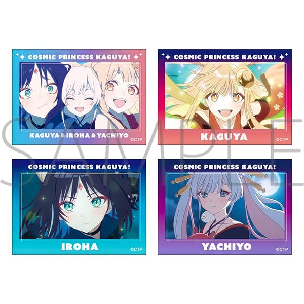 Mockup image of four die-cut sticker designs in a 2×2 grid showing illustrated characters with colorful borders and character names, labeled as a sample.