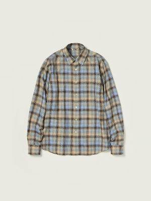 A checked long-sleeve wool shirt laid flat on a pale background.