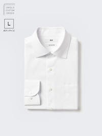 Folded white men's long-sleeve semi-wide shirt (L) on a light background.