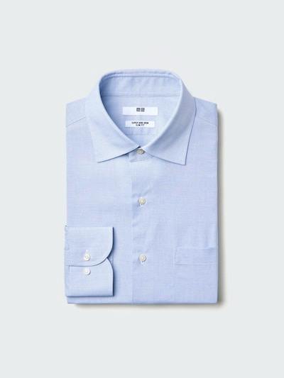 Folded men's cotton slim shirt with a semi-wide collar, showing the front, collar, and cuff.