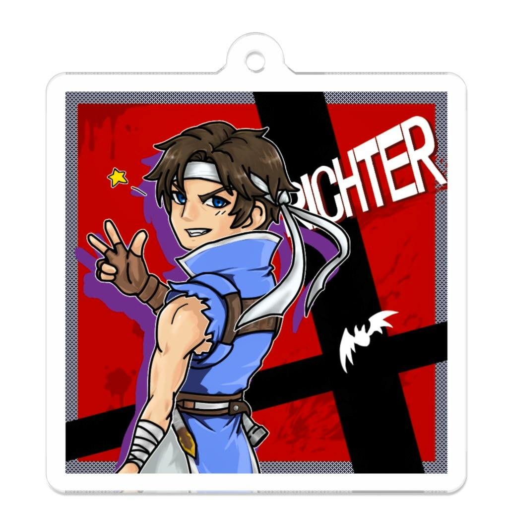 Square acrylic keychain showing an illustrated male character in a blue outfit on a red background, with a top hole for attaching to a keyring.