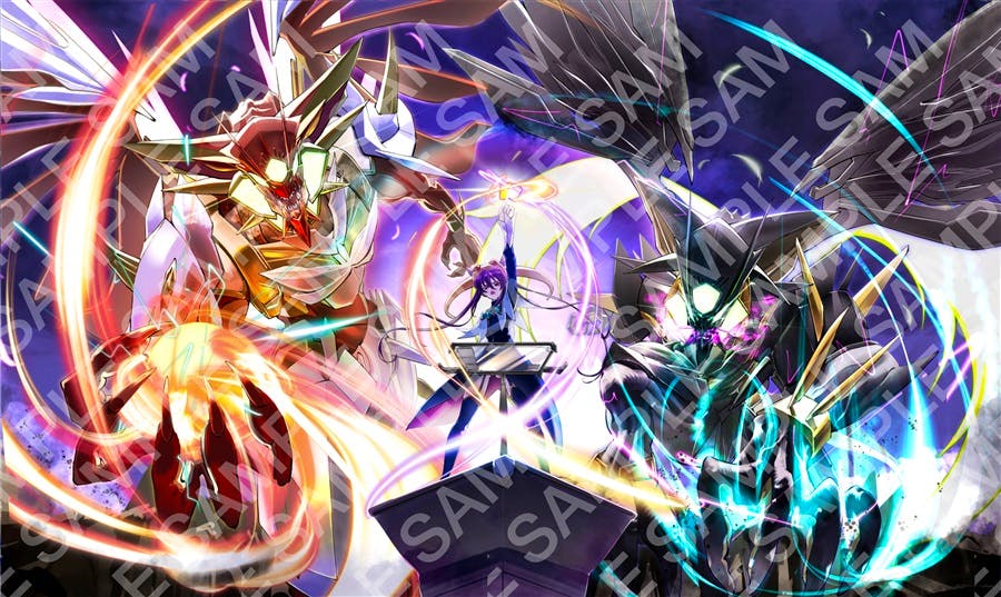Book cover illustration showing two large armored figures flanking a smaller central character on a raised platform with swirling colorful energy effects.