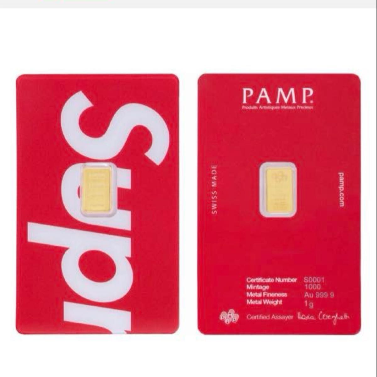Front and back of red PAMP Suisse and Supreme card packaging showing a sealed 1 g gold bar and certification text.
