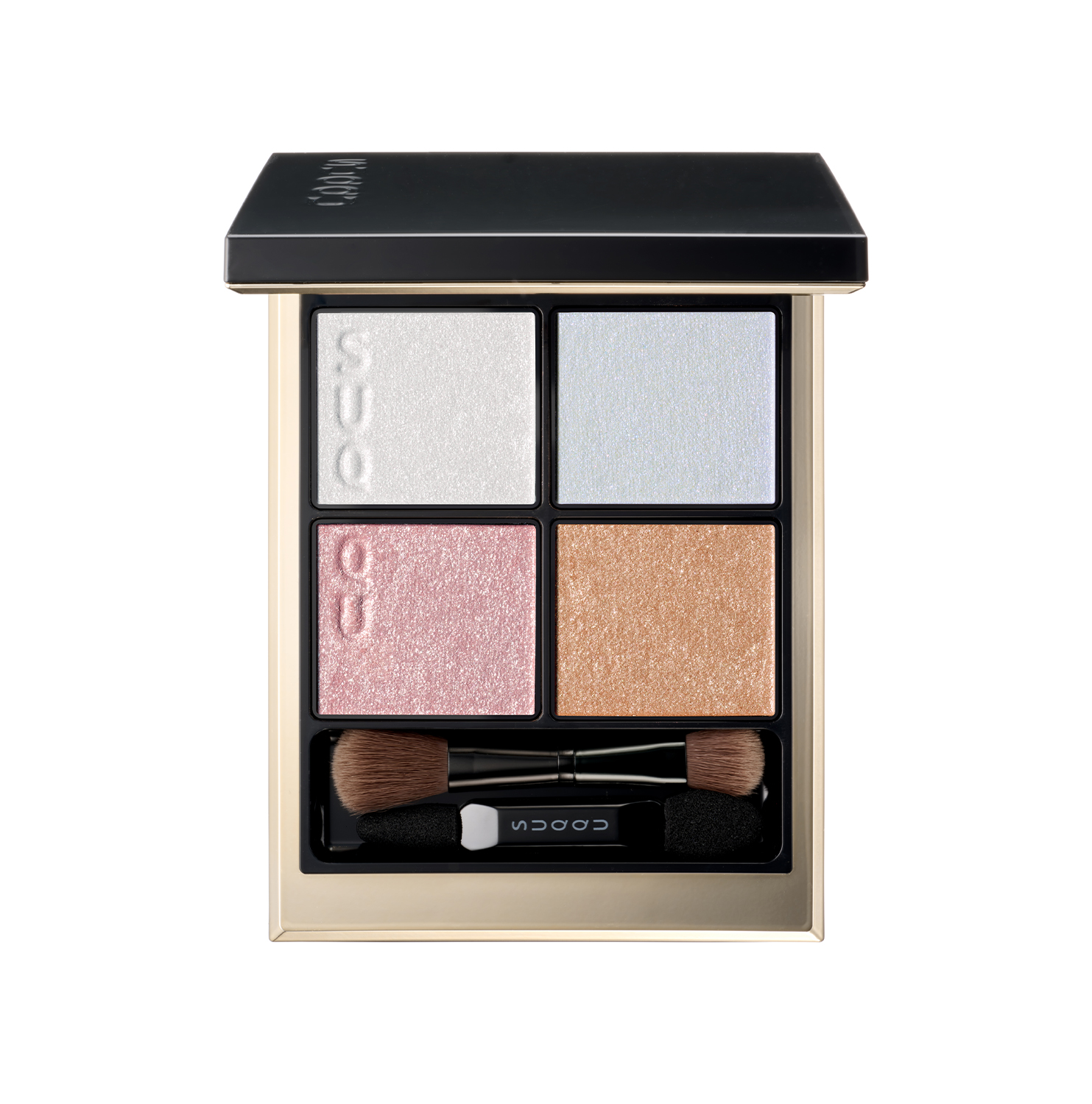 Open eye shadow palette showing four shimmery shades (white, light blue, pink, gold-brown) and two applicators.