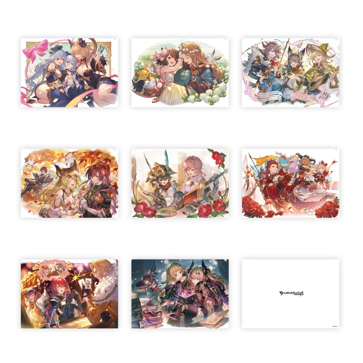 Grid showing nine illustrated clear file designs plus a back view with logo for the サプチケイラストクリアファイル Vol.4 clear file.