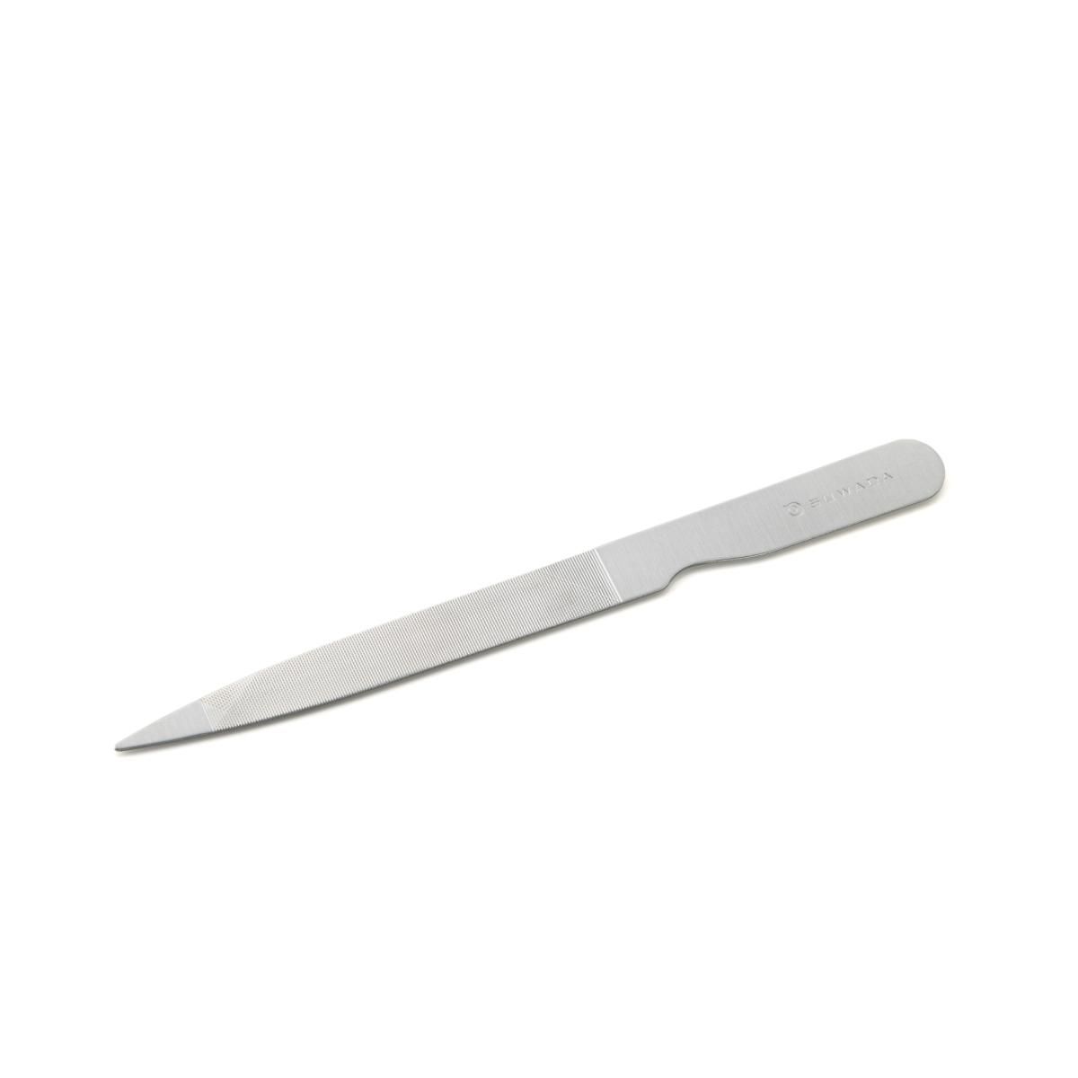 A silver metal nail file shown alone on a white background.