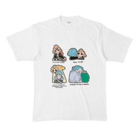 White cotton T-shirt with multiple small cartoon character illustrations printed on the front.