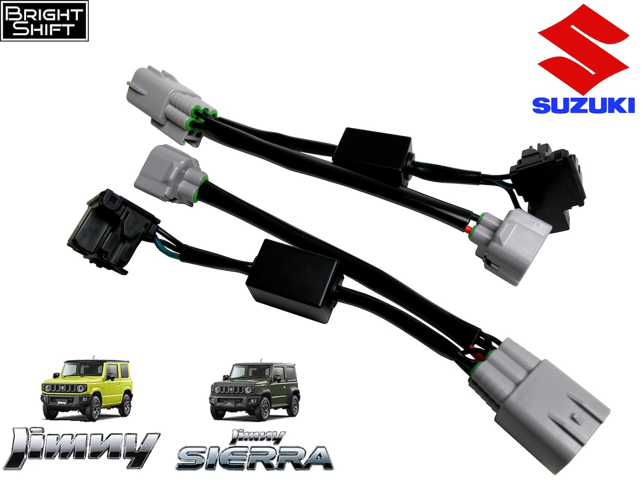 Two black conversion wiring harnesses with gray H4-style connectors for Suzuki Jimny halogen headlight conversion on a white background.