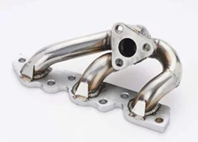 A stainless steel exhaust manifold with welded flange and three short bent runners on a white background.