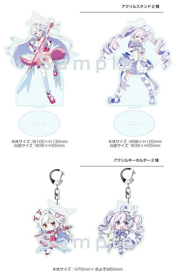 Mockup showing two acrylic stand designs and two acrylic keychain charms for Suzumi & Reisa with sample watermark and size measurements.