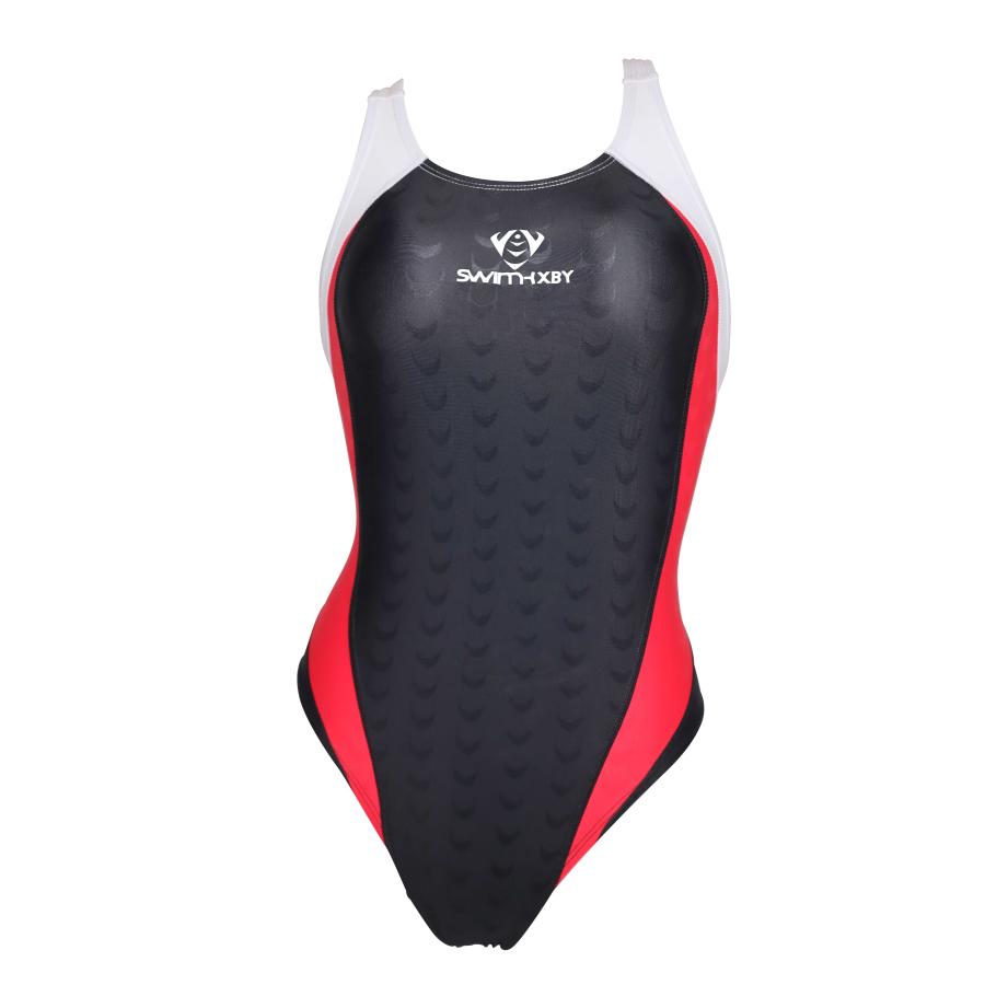 Front view of the SWIMHXBY women's competitive one-piece swimsuit in black, red, and white.