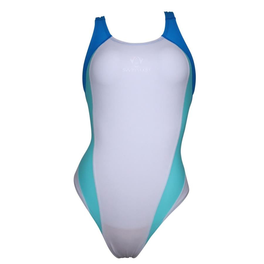 Front view of a women's one-piece competitive swimsuit in white with emerald and light-blue side panels.