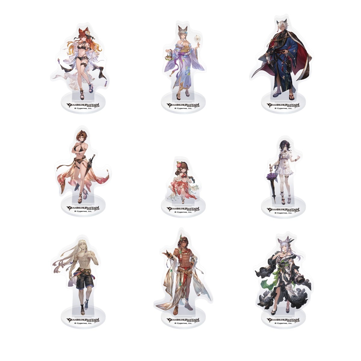Nine acrylic character stands wearing swimsuits and yukata displayed on round bases against a white background.