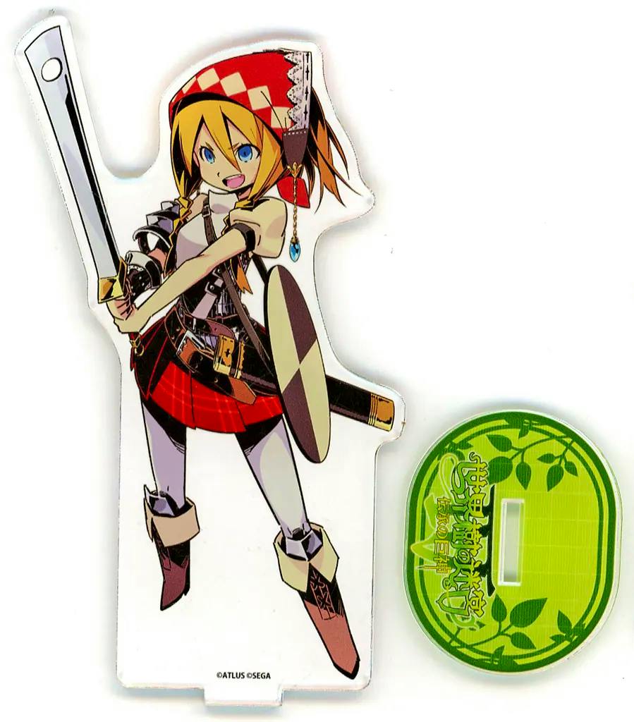 Photograph of the acrylic stand depicting the swordman character alongside its separate green oval base.