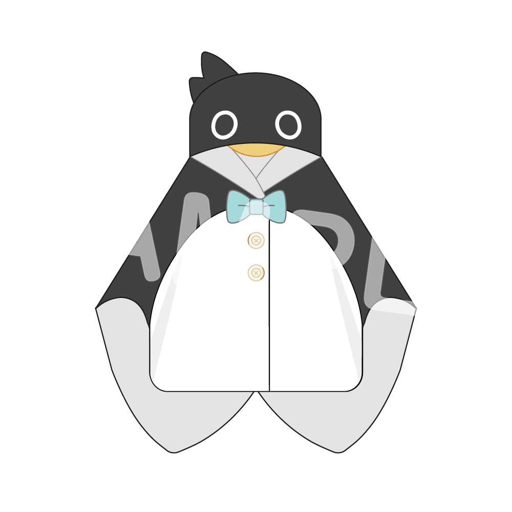 Illustration of a hooded penguin-style blanket with a bow tie and buttoned front.