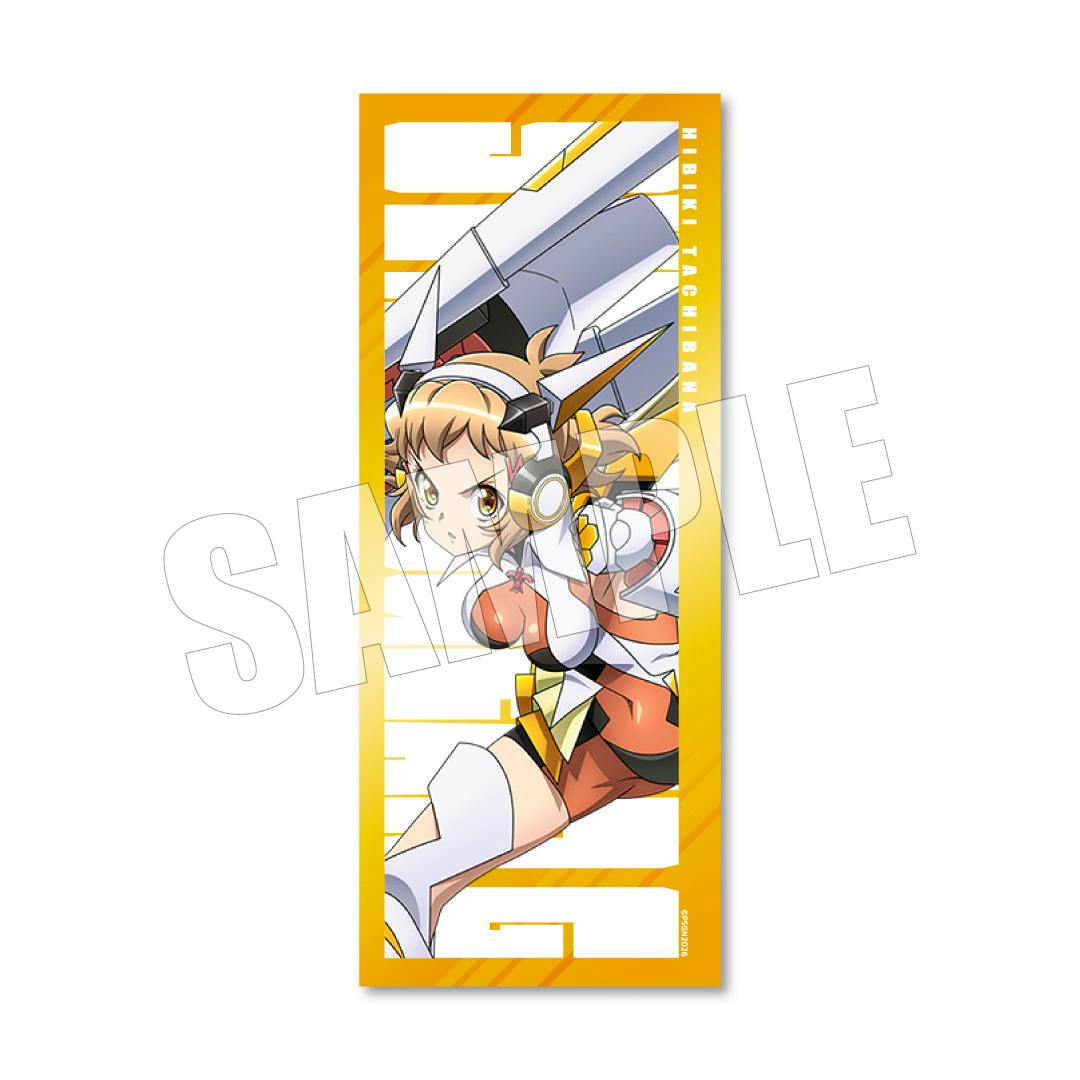 A yellow‑bordered sports towel from 戦姫絶唱シンフォギア15周年ソルフェリーナseason2 showing printed anime character artwork on a white background.