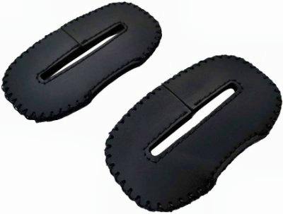 Two black seat belt covers displayed on a white background.