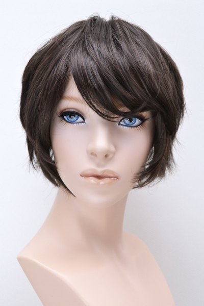 Short dark brown synthetic wig styled on a mannequin head.