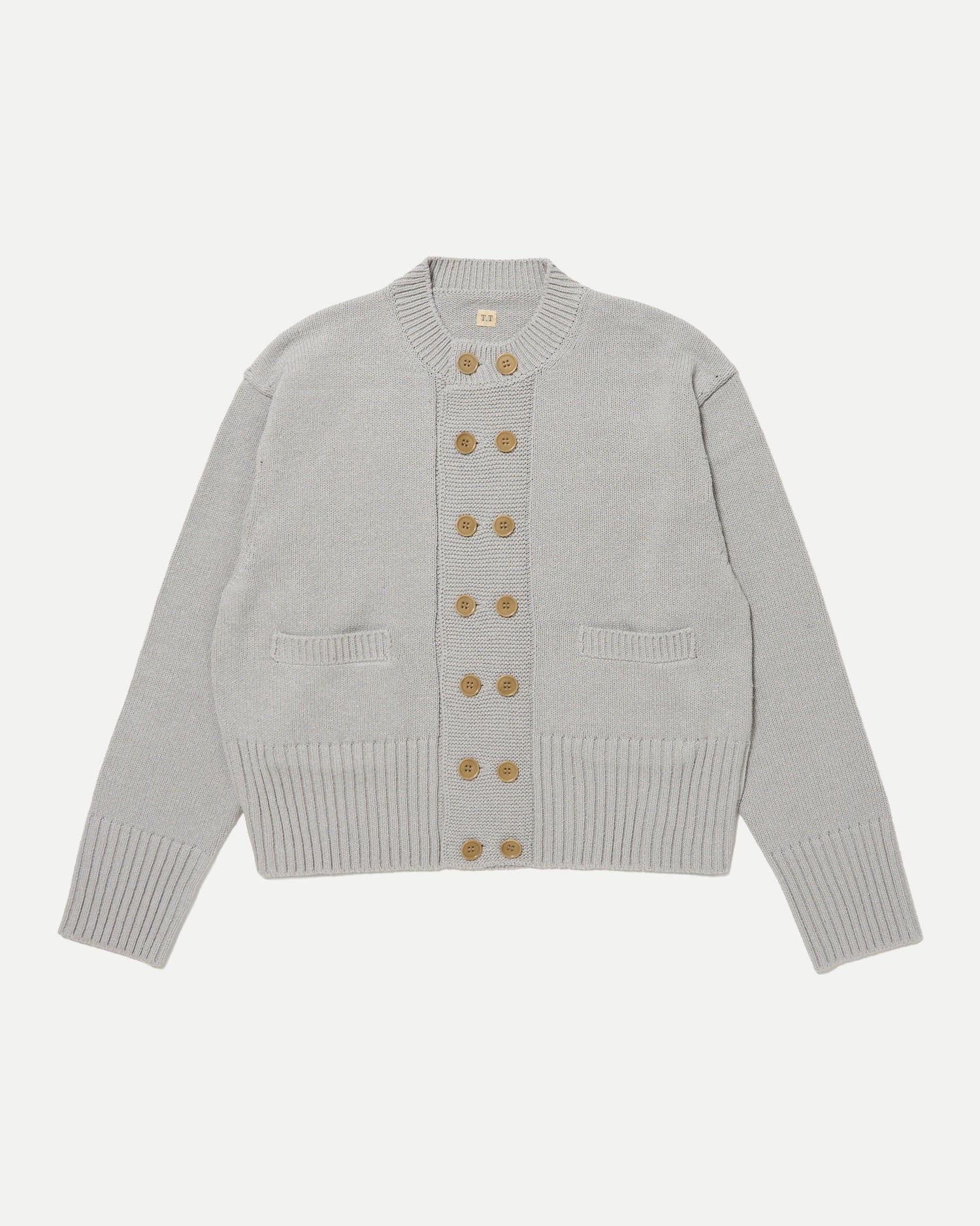 Light gray double-breasted cardigan laid flat on a white background showing front buttons and pockets.