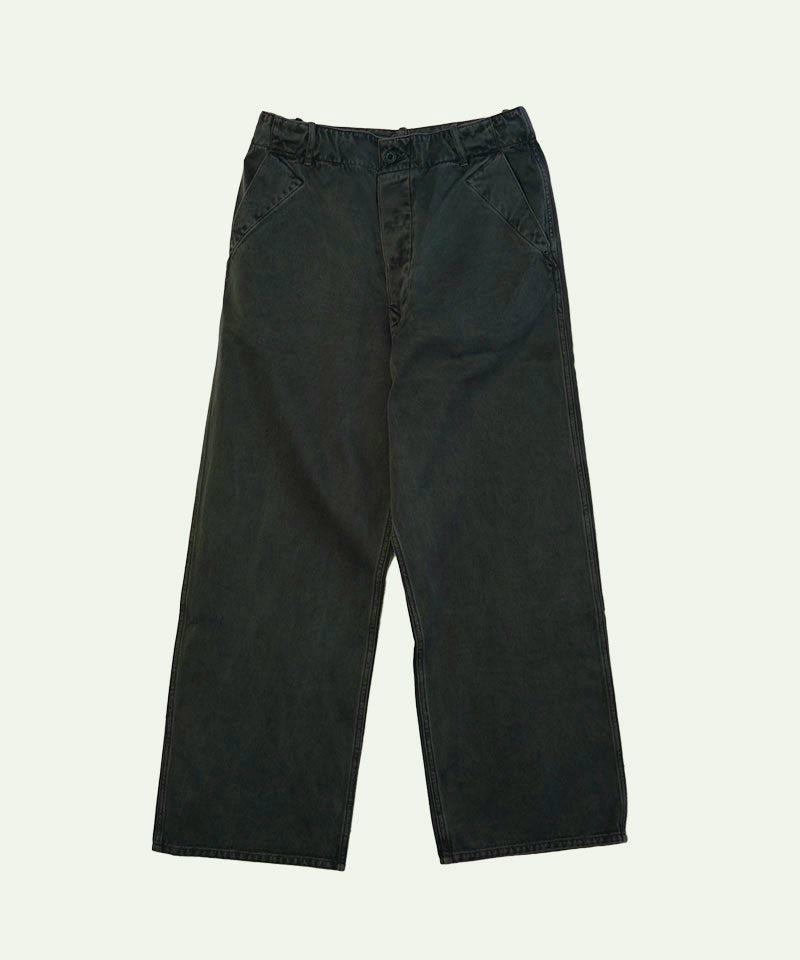 Front view of dark-colored British work trousers laid flat on a light background.