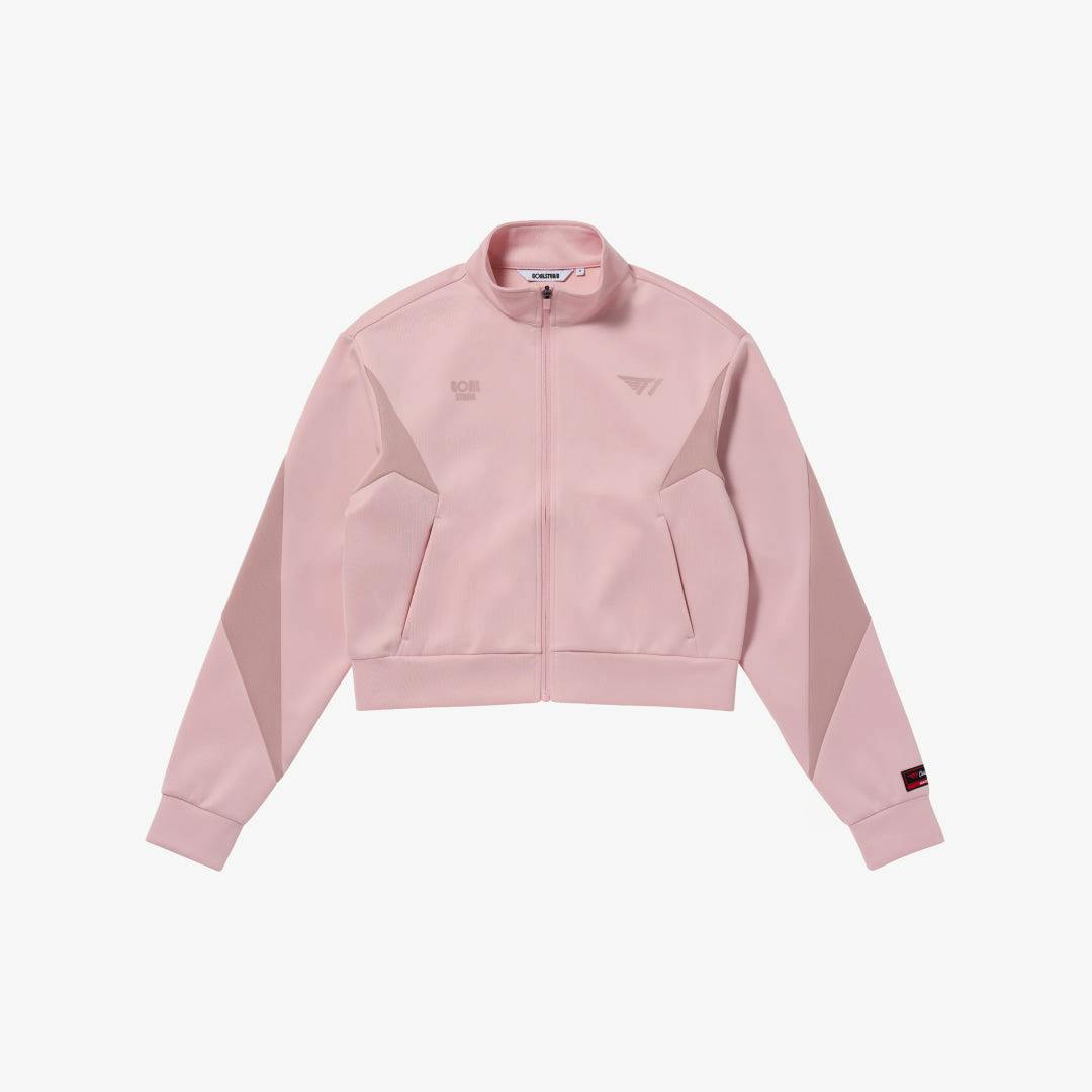 Pink T1 CLUBHOUSE W'S TRACK JACKET shown flat on a white background from the front.
