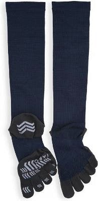 Long navy five-toe sports socks with patterned grip soles laid flat.