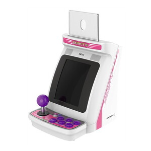 Violet-accented TAITO Egret II Mini arcade-style game console with joystick and buttons on a white background.