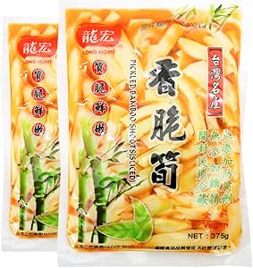 Front photo of two packaged bags of Longhong seasoned bamboo shoots showing product name and bamboo shoot imagery.