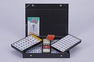 Open black case displaying the mahjong set with tiles in trays, tile racks, and accessories.