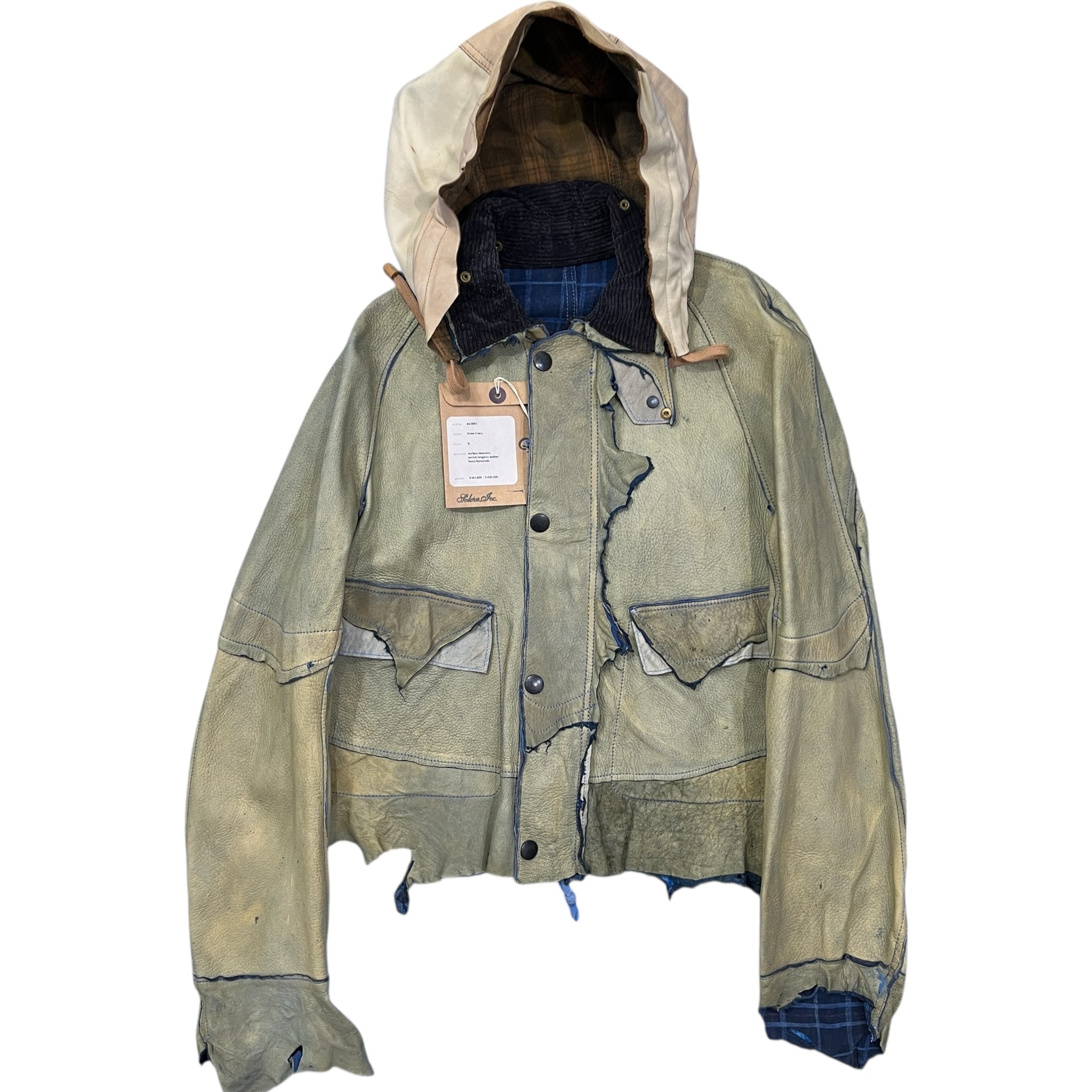 Front view of the TAKAHIROMIYASHITA The Soloist 2012 Spring eARTh dye blue deerskin 2-way leather jacket with hood and hanging tag.