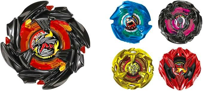 Four Beyblade tops from the BX-48 Random Booster Vol. 9 set shown on a white background, one larger on the left and three smaller on the right.