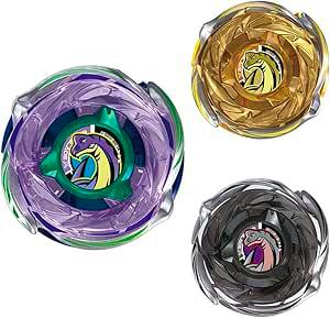 Three Beyblade X toy tops in purple/green, gold, and black shown on a white background.