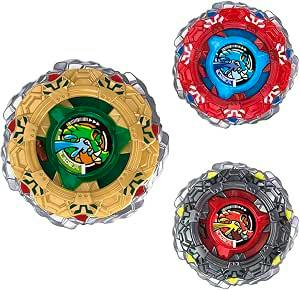 Three Takara Tomy BEYBLADE X toy tops (Random Booster Croco Tread Select) on a white background.