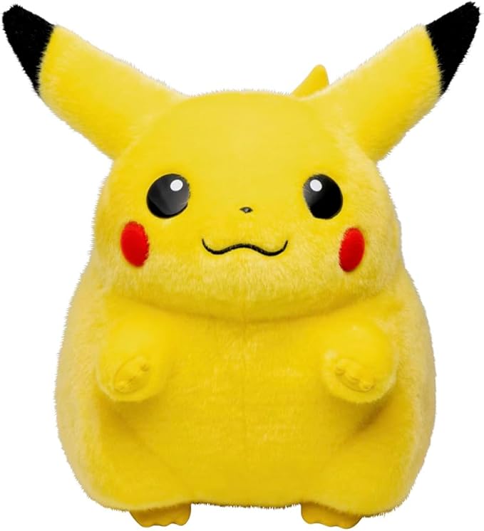 Front view of a yellow Pikachu plush toy with red cheeks and black-tipped ears on a white background.