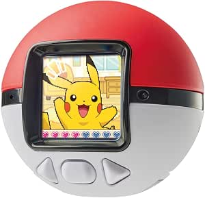 Red-and-white Poké Ball-shaped handheld game device with a small screen showing Pikachu and three control buttons.