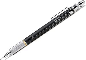 Black metal mechanical pencil for drafting with a knurled metal grip, clip, and a '0.3' marking.