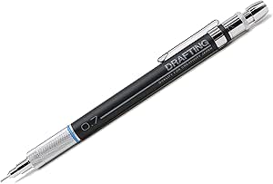 A black metal takeda mechanical drafting pencil showing the tip, clip, and printed 'DRAFTING' text with '0.7' near the grip.