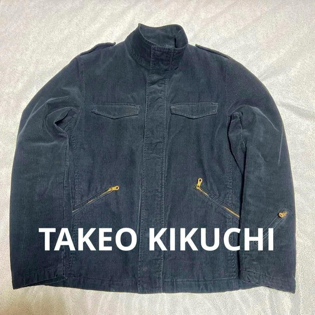 Flat-lay photo of a men's corduroy jacket with zip pockets and chest flap pockets on a light background with TAKEO KIKUCHI text overlay.