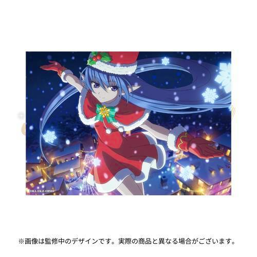 Photocard image showing the character in a red Santa-style outfit with blue hair and elf-like ears against a snowy nighttime village background.