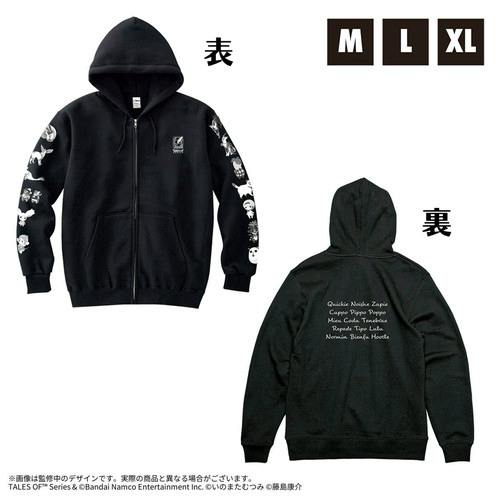 Front and back views of a black zip-up hoodie showing mascot graphics on the sleeves and printed text on the back.