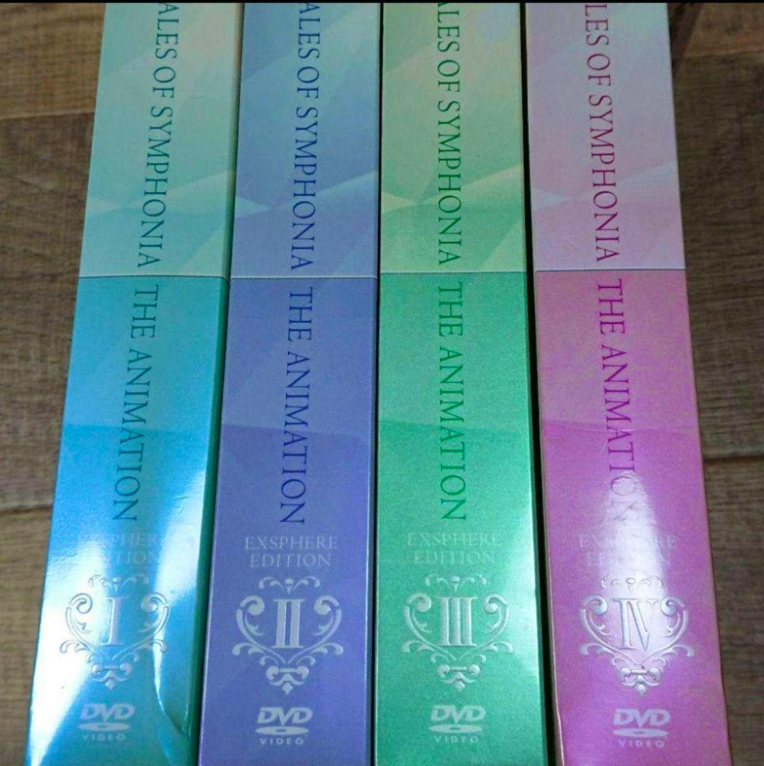 Four colorful DVD box spines for "Tales of Symphonia The Animation" numbered I–IV with DVD logos visible.