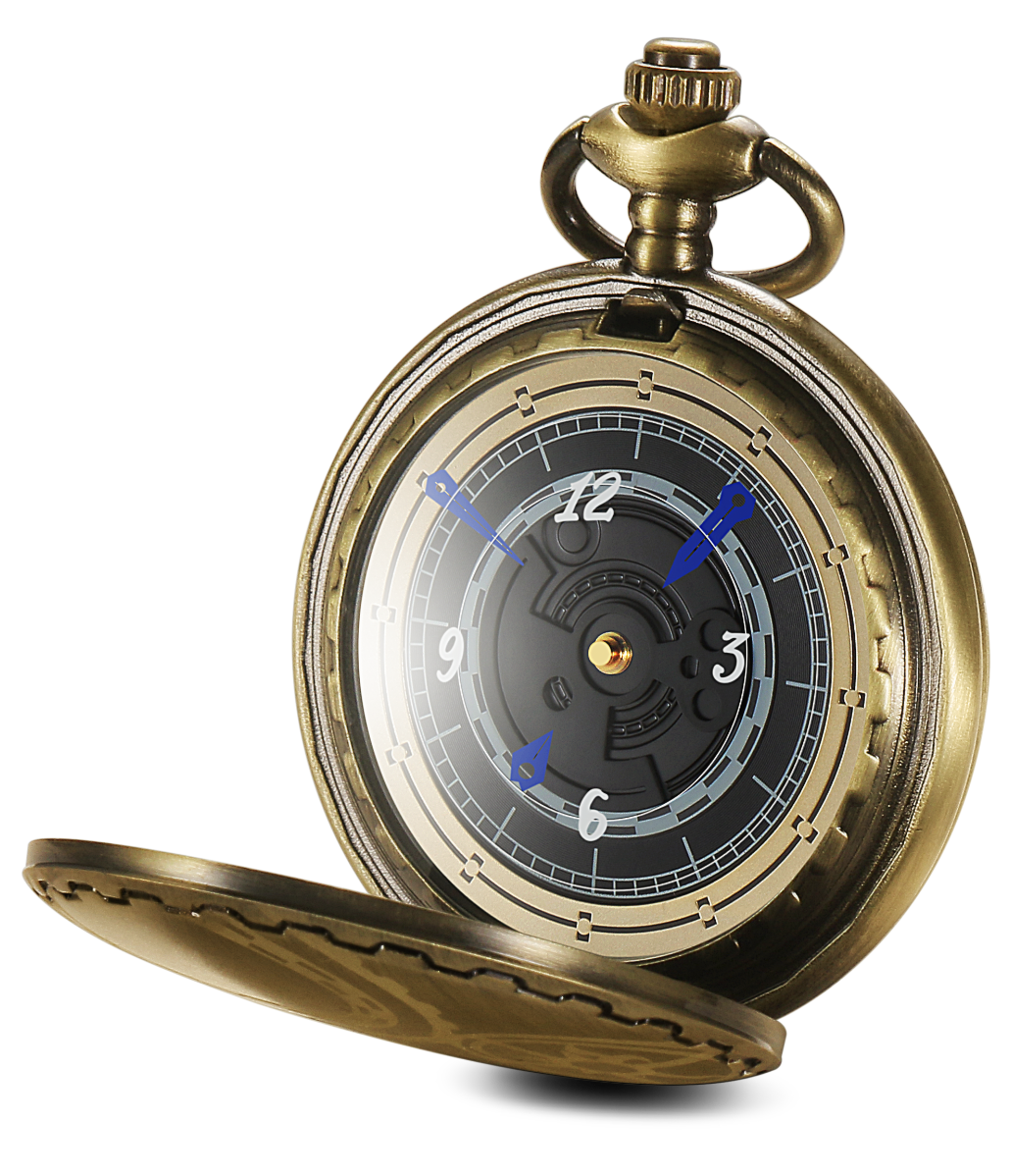 'Tales of Xillia 2' pocket watch open to show its dial with blue hands against a black background.