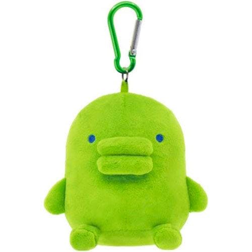 Green Tamagotchi Kuchipatchi plush keychain with a green carabiner on a white background.